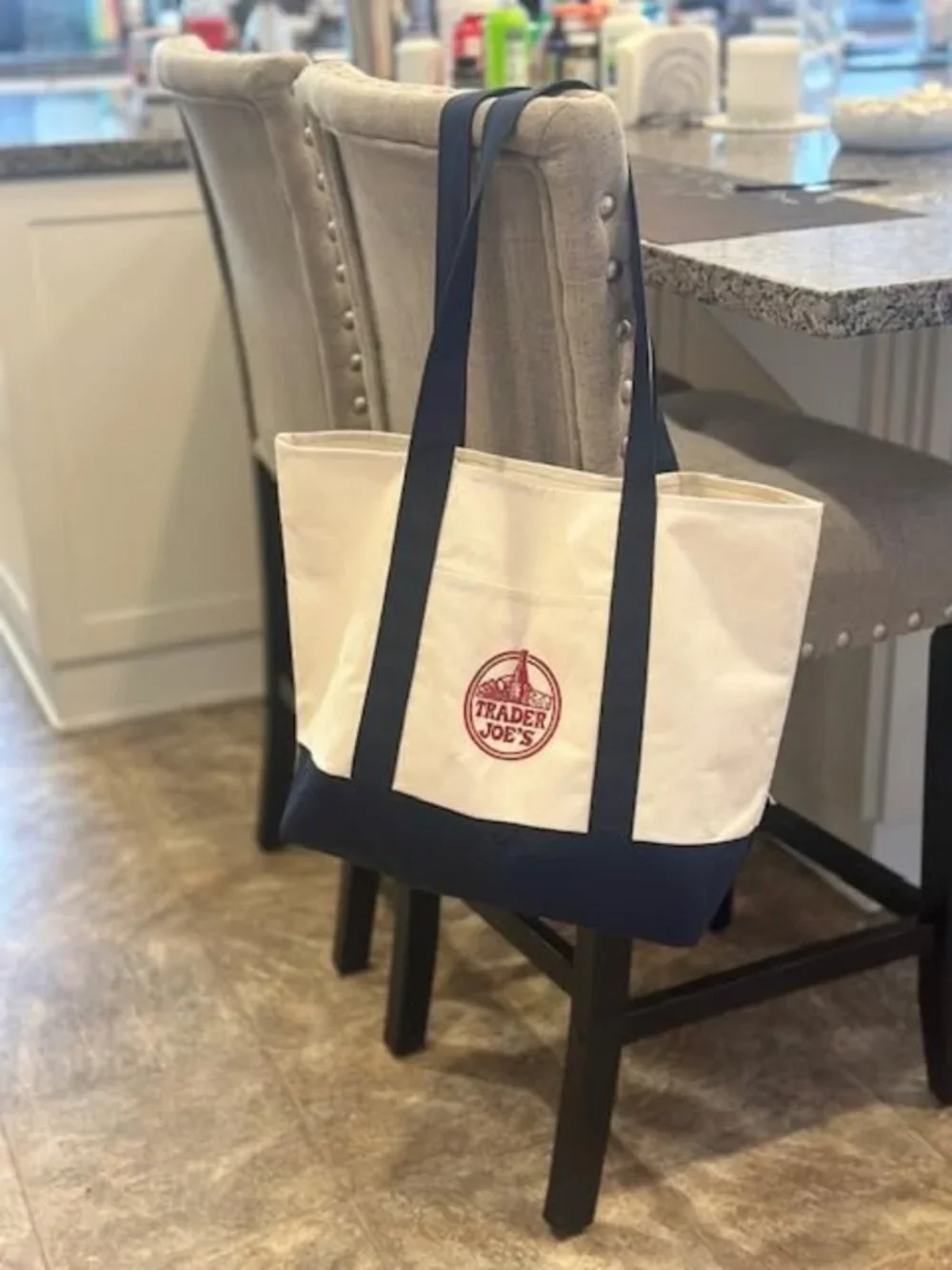 Large Cotton Canvas Tote Bag - Embroidered Shopping Bag, Navy Blue, Eco-Friendly